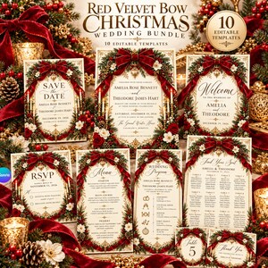 Set di 10 articoli digitali per matrimoni natalizi con fiocco in velluto rosso, set di cancelleria per le feste, modelli Canva modificabili.