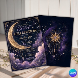 Op de afbeelding: Een donkerblauwe en paarse uitnodigingskaart met een gouden halve maan, sterren en wolken. De tekst luidt: You are invited to a Celestial Celebration honoring Amelia Rose, Saturday August 22 2026 at 7:00 PM, The Stardust Ballroom.