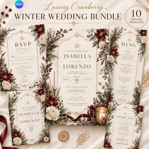 May include: A set of 10 editable wedding stationery templates featuring a Luxury Cranberry Winter Wedding Bundle design. The cards include floral accents of deep red poinsettias, white roses, and evergreen branches with gold frame borders.