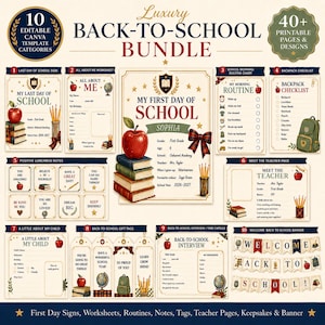 May include: A digital bundle of 10 editable back-to-school templates featuring cream-colored pages with red, navy, and gold accents. Includes signs, worksheets, routine charts, checklists, lunchbox notes, gift tags, and a welcome banner with apple and book illustrations.