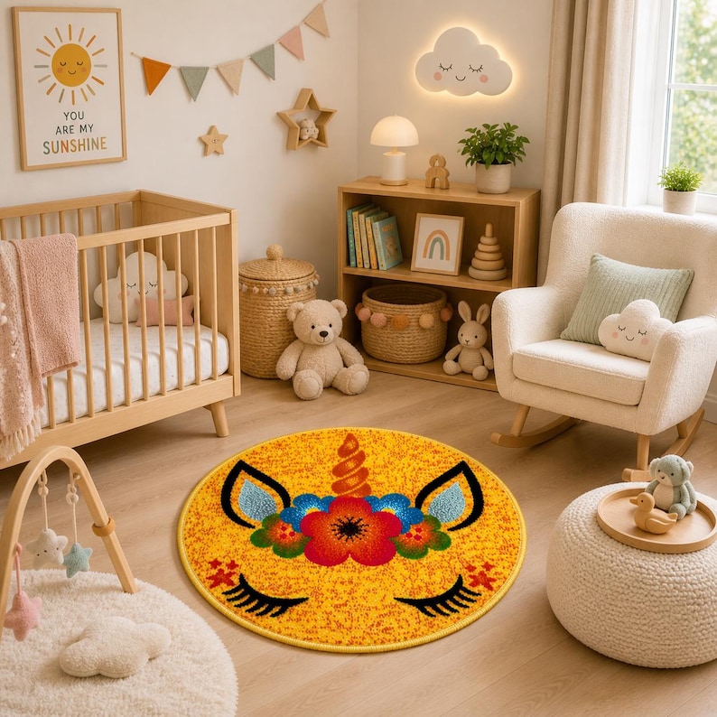 K&ouml;nnte beinhalten: Runder gelber Teppich mit einem Einhorn-Gesicht-Design. Er hat schwarze Wimpern, blaue Ohren und eine Blumenm&auml;hne in Rot, Orange und Blau. Der Teppich befindet sich in einem Kinderzimmer, zusammen mit einem Kinderbett, einem Schaukelstuhl und Holzregalen.