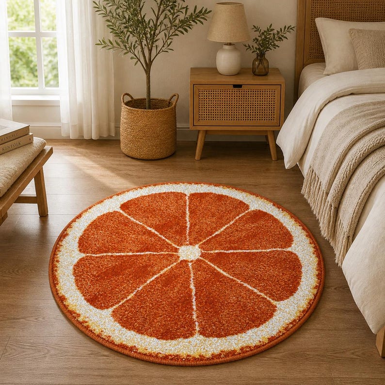 K&ouml;nnte beinhalten: Ein runder, orangefarbener Teppich mit wei&szlig;em Schalenmuster, der einer Zitrusfruchtscheibe &auml;hnelt. Der Teppich liegt auf einem Holzboden und verleiht dem Raum einen Farbtupfer. Der Durchmesser des Teppichs betr&auml;gt ca. 122 cm.
