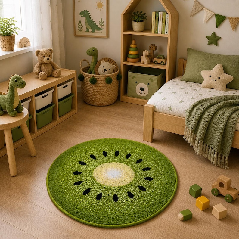 K&ouml;nnte beinhalten: Ein runder, gr&uuml;ner Teppich in Kiwi-Form mit hellgelbem Zentrum und schwarzen Samen. Der Teppich liegt auf einem hellen Holzboden in einem Kinderzimmer, umgeben von Spielzeug und M&ouml;beln.