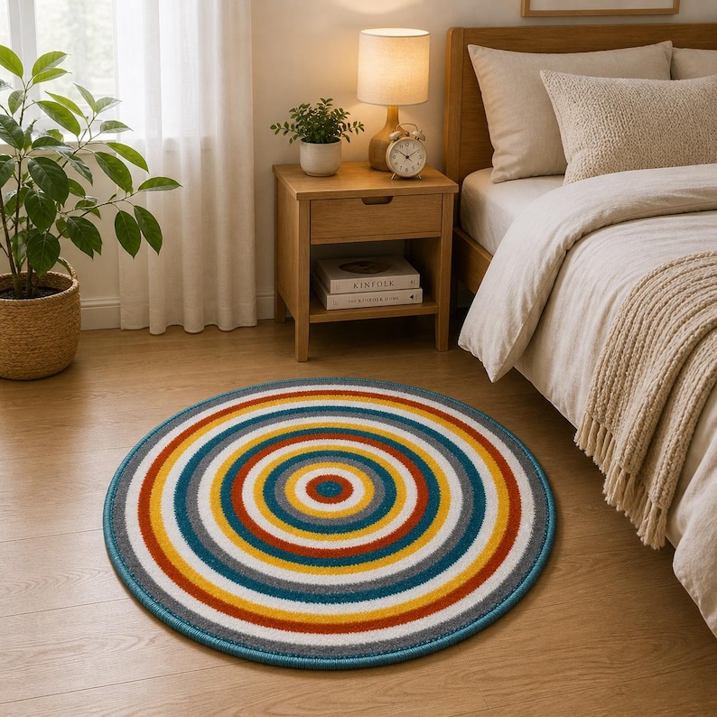 K&ouml;nnte beinhalten: Ein runder Teppich mit konzentrischen Kreisen in Blau, Grau, Gelb, Orange und Wei&szlig;. Der Teppich liegt auf einem Holzboden in einem Schlafzimmer und verleiht der Raumdekoration einen Farbtupfer. Der Teppich hat einen Durchmesser von ca. 120 cm.