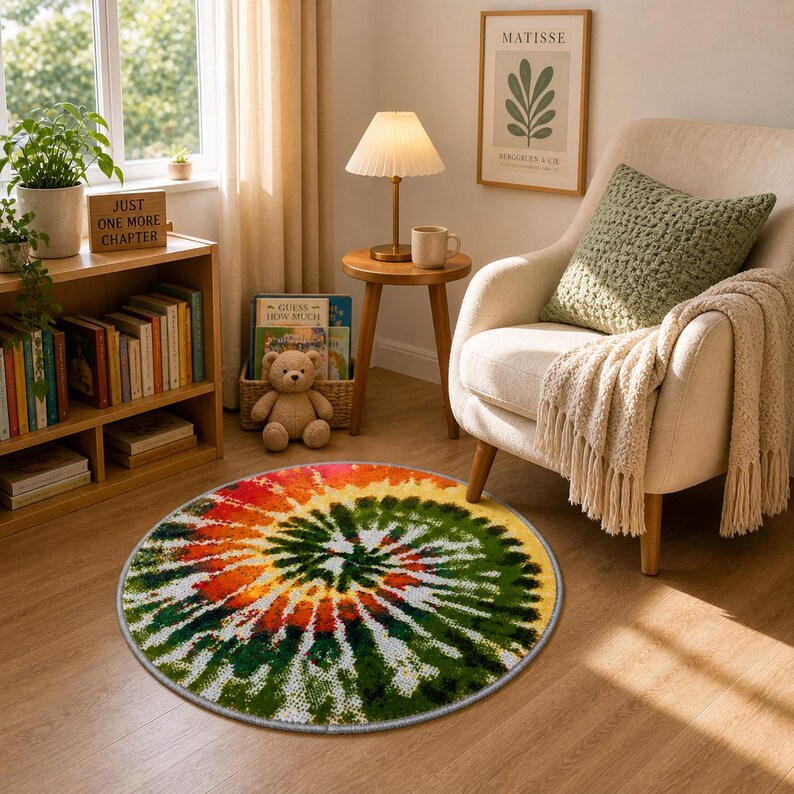 K&ouml;nnte beinhalten: Ein runder Tie-Dye-Teppich mit einem Spiralmuster in Rot, Orange, Gelb, Gr&uuml;n und Wei&szlig;. Der Teppich liegt auf einem Holzboden in einem Wohnzimmer, zusammen mit einem cremefarbenen Sessel und einem kleinen Beistelltisch.