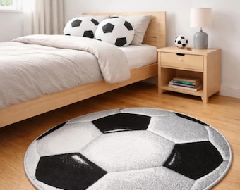 Soccer Ball Kids Rug – Grey & Black Football Carpet, 100cm