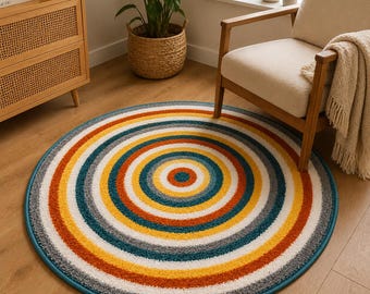 Round Striped Rug Circle Carpet Teal Modern Floor Retro Multicoloured 100 cm 67 cm