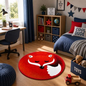 K&ouml;nnte beinhalten: Ein runder, roter Teppich mit einem Fuchsgesicht-Design in Wei&szlig; und Schwarz. Der Teppich befindet sich in einem Kinderzimmer, mit einem Schreibtisch, einem Bett und einem Aufbewahrungsm&ouml;bel. Der Raum ist in Blau, Rot und neutralen T&ouml;nen gehalten.