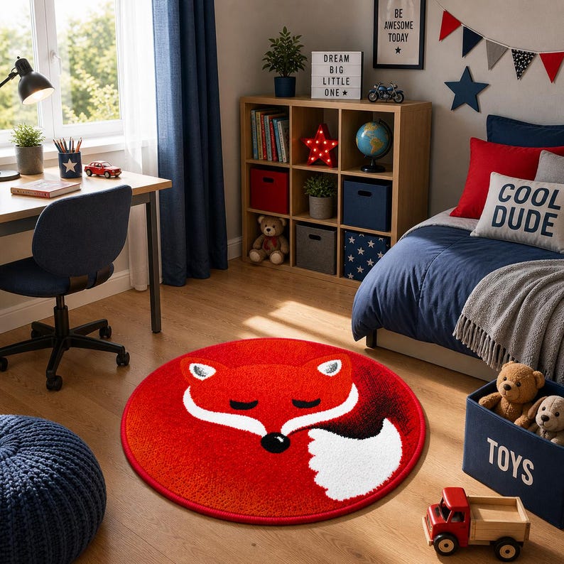 K&ouml;nnte beinhalten: Ein runder, roter Teppich mit einem Fuchsgesicht-Design in Wei&szlig; und Schwarz. Der Teppich befindet sich in einem Kinderzimmer, mit einem Schreibtisch, einem Bett und einem Aufbewahrungsm&ouml;bel. Der Raum ist in Blau, Rot und neutralen T&ouml;nen gehalten.