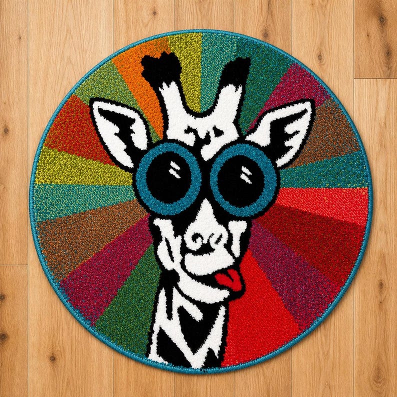 K&ouml;nnte beinhalten: Ein runder Teppich mit einem skurrilen Giraffen-Gesicht. Die Giraffe hat gro&szlig;e, blau umrandete Augen und eine rote Zunge, vor einem farbenfrohen, gestreiften Hintergrund. Der Teppich hat einen t&uuml;rkisfarbenen Rand. Die Giraffe hat schwarz-wei&szlig;e Markierungen.