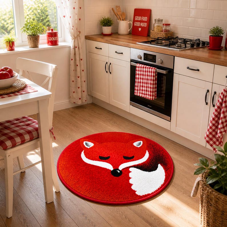 K&ouml;nnte beinhalten: Ein runder, roter Teppich mit einem wei&szlig;en und schwarzen Fuchsmotiv. Er liegt auf einem Holzboden in einer K&uuml;che. Die K&uuml;che hat wei&szlig;e Schr&auml;nke, einen Herd und ein Fenster.