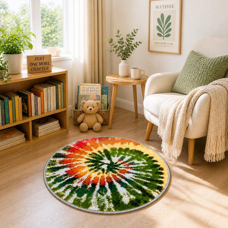 K&ouml;nnte beinhalten: Ein runder Tie-Dye-Teppich mit einem Spiraldesign in Rot-, Orange-, Gelb-, Gr&uuml;n- und Wei&szlig;t&ouml;nen. Der Teppich liegt auf einem Holzboden in einem Wohnzimmer. Der Teppich hat einen grauen Rand.