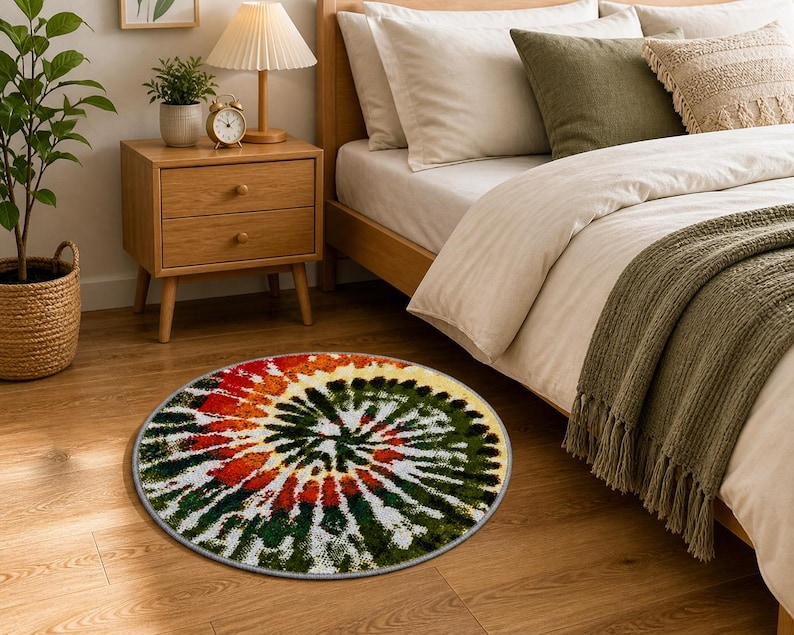 K&ouml;nnte beinhalten: Ein runder Tie-Dye-Teppich mit einem Spiralmuster in Rot-, Gr&uuml;n-, Gelb- und Wei&szlig;t&ouml;nen. Der Teppich liegt auf einem Holzboden in der N&auml;he eines Bettes mit wei&szlig;er Bettw&auml;sche und einem Nachttisch aus Holz.