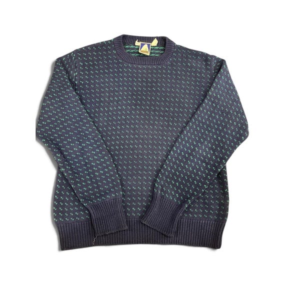 Sierra Designs, Vintage Sierra Designs Birds Eye Knit Sweater Navy Green Ramie Cotton Hong Kong