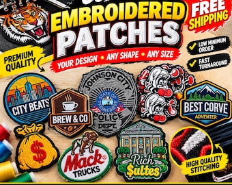 Könnte beinhalten: Eine Sammlung von individuell bestickten Aufnähern mit verschiedenen Motiven, darunter ein Tigerkopf, eine Stadtsilhouette, eine Kaffeetasse, ein Polizeiausweis, eine Bulldogge, ein Gebäude und ein Geldsack, neben Garnrollen.