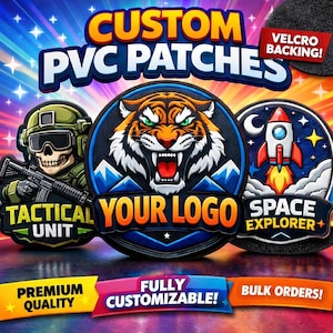 Może przedstawiać: Niestandardowe naszywki PVC z zapięciem na rzep. Obraz przedstawia trzy okrągłe naszywki: naszywkę jednostki taktycznej, naszywkę z logo tygrysa i naszywkę odkrywcy kosmosu. Naszywki są w pełni konfigurowalne i najwyższej jakości.
