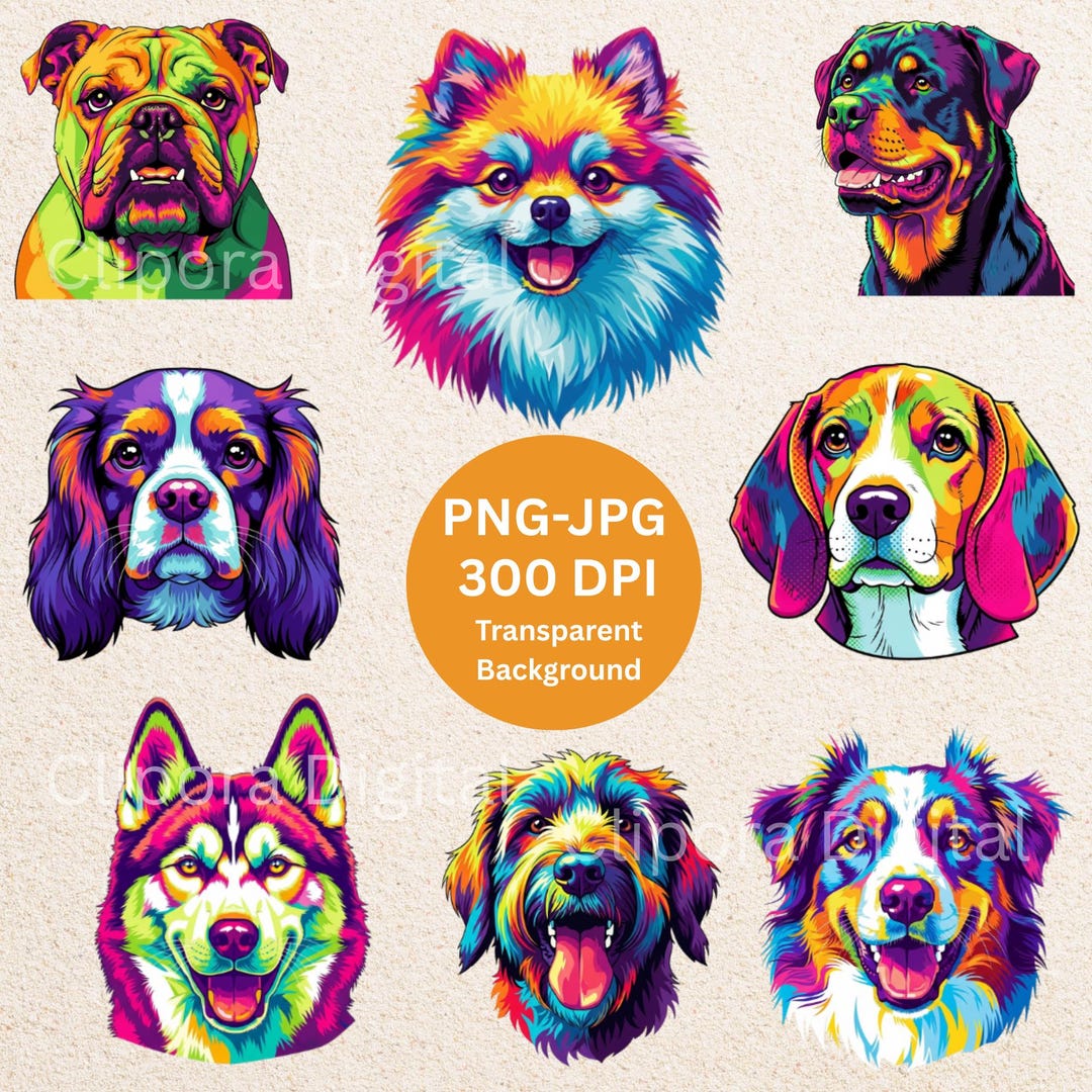 Dog Portrait PNG Bundle | Rainbow Dog Clipart PNG | Pop Art Dog ...