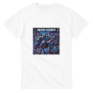 Puede incluir: Camiseta blanca con un gráfico colorido de tres figuras en un paisaje urbano con el texto "NEON CODEX". El gráfico tiene un esquema de color neón con acentos azules, morados y rosas.