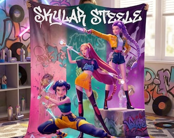 Personalized Anime Girl Flannel Blanket, Custom Name Urban Fantasy Throw, Cyberpunk Gamer Girl Room Decor, Fierce Teen Gift Custom Blanket