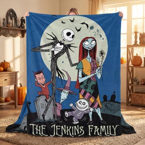 Personalized Nightmare Before Christmas Flannel Blanket, Custom Family Name Jack & Sally Throw, Movie Fan Gift, Cozy Holiday Home Decor bild 1