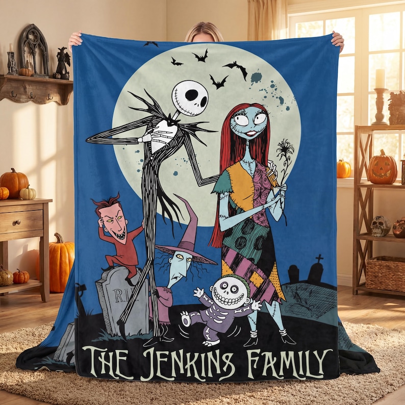 Personalized Nightmare Before Christmas Flannel Blanket, Custom Family Name Jack & Sally Throw, Movie Fan Gift, Cozy Holiday Home Decor bild 1