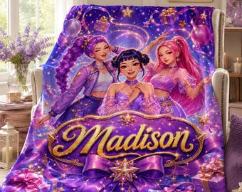 Personalized Name Flannel Blanket for Girls, Kpop Anime Idol Galaxy Throw, Purple Star Gift for Birthday, Kids Room Decor, Soft Blanket