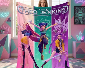 Custom Name Flannel Blanket Anime Girl Warrior Personalized Throw Teen Gamer Room Decor Cyberpunk Kawaii Gift for Daughter Best Friend