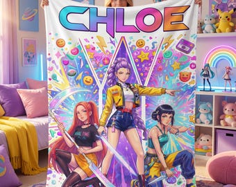 Personalized Anime Gamer Girl Flannel Blanket, Custom Name Kawaii Throw For Teen Girls, Colorful Otaku Bedroom Decor, Unique Gamer Gift