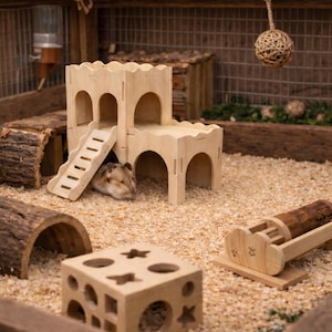 May include: A hamster habitat with wooden structures, including a multi-level house with a staircase, a tunnel, and a shape sorter. The cage is filled with wood shavings and includes a hanging woven ball. A hamster is visible inside the house.
