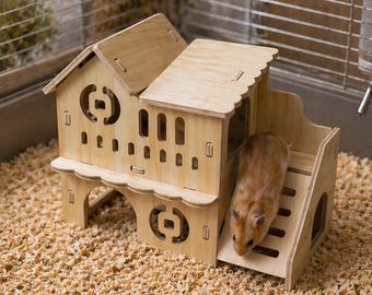 Kit per costruire una casetta in legno per criceti, realizzata a mano – Rifugio fai-da-te per piccoli animali domestici con rampa – Gabbia-giocattolo naturale per criceti, gerbilli e topi