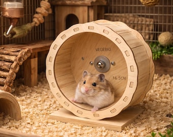Rueda de madera para hámster de 16,5 cm / 14,5 cm – Rueda de ejercicio silenciosa para hámsteres, jerbos y ratones – Juguete natural para masticar y accesorio de jaula