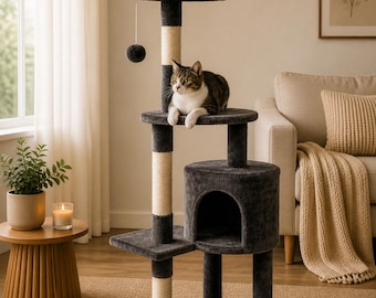 Torre tiragraffi per gatti con palo di supporto – Accogliente condominio per gatti – Arredamento moderno per gatti – Casetta per gatti a più livelli – Centro attività per gatti al coperto