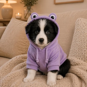 Peut inclure: Un chiot noir et blanc portant un sweat à capuche lavande avec des yeux de grenouille sur la capuche. Le chiot est assis sur une couverture beige sur un canapé. Le sweat à capuche a un cordon de serrage et couvre la tête et les oreilles du chiot.