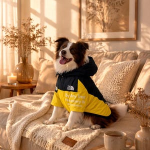 Peut inclure: Un chien portant une veste à capuche jaune et noire avec le texte "By Any Treat Necessary, By Necessary." Le chien est assis sur un canapé beige avec une couverture et des coussins. Une tasse à café et des livres sont sur une table à proximité.