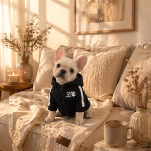 Peut inclure: Un jeune bouledogue français blanc portant un sweat à capuche noir avec des rayures blanches et le texte "THE PET FANS". Le chien est assis sur une couverture beige sur un canapé. Une tasse à café et des livres sont à proximité.