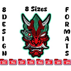 Peut inclure: Un motif de masque Oni rouge et vert avec des éléments robotiques. L'image comprend le texte "8 Tailles" et "8 Formats de conception". En dessous du masque se trouvent des icônes étiquetées DST, PES, EXP, XXX, HUS, JEF, VEP et VP3.