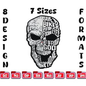 May include: A skull-shaped patch with the text "SAVE A BIKER, OPEN YOUR FUCKING EYES AND GET OFF YOUR GOD DAMN PHONE." The design is black and white, with the text in black. The image also includes the text "8 DESIGN" and "7 SIZES".