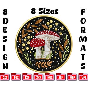 May include: An embroidered design featuring two red and white mushrooms with a black background, surrounded by leaves and dots. The text reads "8 Sizes" and "8 Design Formats".