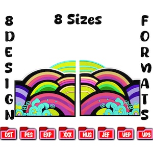 May include: An image featuring a colorful, stylized design with rainbow arches and wave patterns. The text reads "8 Sizes" and "8 Designs FOR FORMATS". Below are icons labeled DST, PES, EXP, XXX, HUS, JEF, VEP, and VP3.