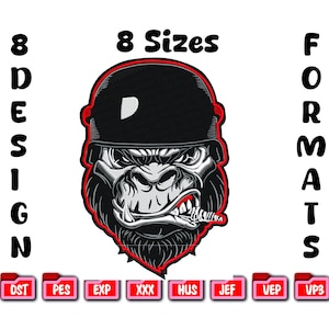 May include: An embroidered design featuring a gorilla wearing a black helmet and smoking a cigar. The design is outlined in red and includes the text "8 Sizes" and "8 Design Formats". The design is available in multiple formats.
