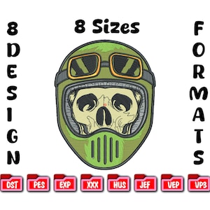 Puede incluir: Casco de moto verde con diseño de calavera, con gafas con montura dorada. La imagen incluye el texto "8 Tamaños" y "8 Formatos de diseño" junto con varios iconos de formato de archivo.