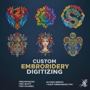 Puede incluir: Una imagen que muestra servicios de digitalización de bordados personalizados. La imagen presenta seis diseños bordados coloridos: un fénix, un mandala, un dragón, un escudo de armas, un retrato de mujer y un diseño con engranajes. El texto dice "CUSTOM EMBROIDERY DIGITIZING".