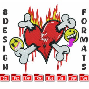 May include: An embroidered design featuring a red broken heart with flames, bones, and two yellow smiley faces with purple tongues. The design includes the text "8 DESIGN" on the left and "FORMATS" on the right, along with file format icons.