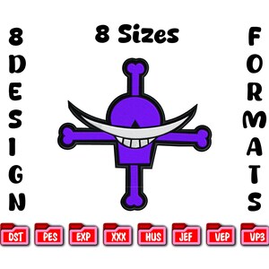 May include: A purple and black embroidered design featuring a stylized cross with a white mustache and a smiling mouth. The image includes the text "8 Sizes" and "8 Design Formats" with various file format icons.