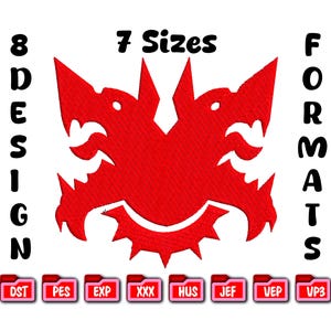 Puede incluir: Un diseño bordado en rojo que representa un dragón estilizado o una criatura mítica. La imagen incluye el texto "7 Tamaños" y "8 Diseños", junto con iconos de formato de archivo. Adecuado para proyectos de bordado.