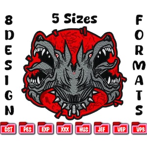 Puede incluir: Un diseño bordado que presenta un perro de tres cabezas con dientes afilados, sobre un fondo rojo. El diseño incluye el texto "8 DESIGN" y "5 SIZES", junto con varios iconos de formato de archivo. El tema general es de estilo gótico o fantasía.