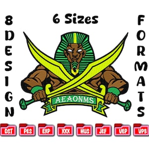 May include: Embroidered design featuring a pharaoh with crossed swords, in shades of brown, green, and yellow. The design is labeled with "6 Sizes" and "8 Designs" and includes file format icons.