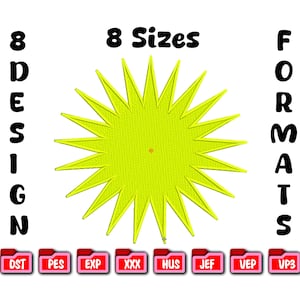May include: A bright yellow starburst design with the text "8 Sizes" and "8 Design Formats". Below are icons labeled DST, PES, EXP, XXX, HUS, JEF, VEP, and VP3.