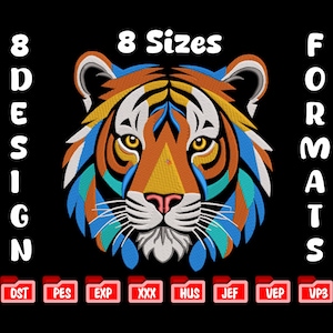 May include: A colorful tiger head design with geometric patterns in orange, blue, yellow, and white on a black background. The image includes the text "8 Sizes" and "8 Design" and "Formats". Below are icons for different file formats.