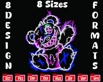 Streetwear Bear Embroidery Design, 8 Sizes & 8 Formats, Edgy Punk Machine Pattern